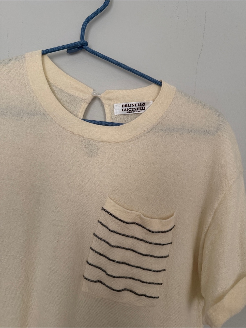 Brunello Cucinelli fine knit short sleeve top in ivory featuring a striped chest